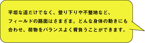 平坦な道だけでなく、登り下りや不整地など、フィールドの路面はさまざま。どんな身体の動きにも合わせ、荷物をバランスよく背負うことができます。